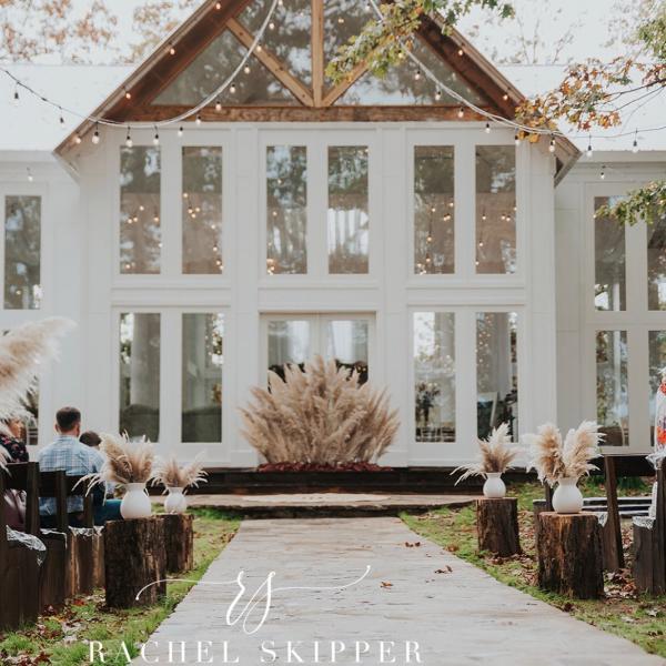Front of wedding venue with guests waiting